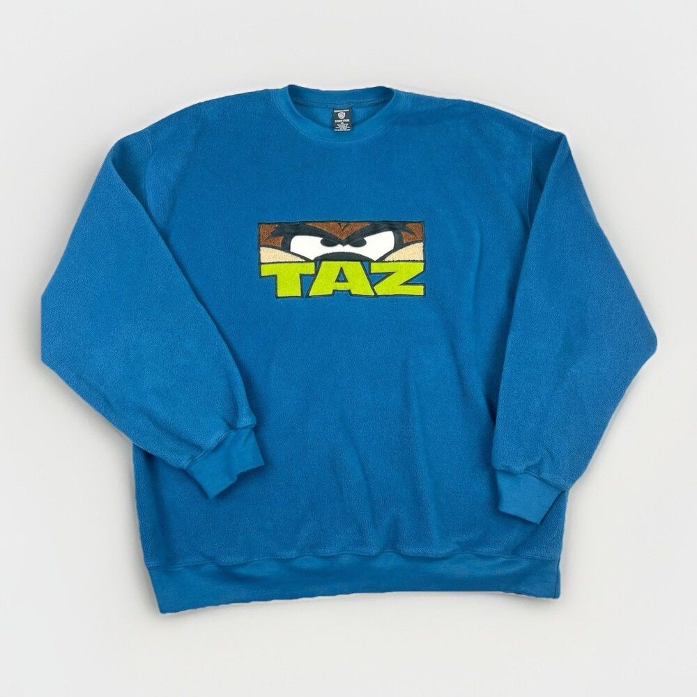 Vintage Taz Warner Bros‎ Studio Store Fleece Sweatshirt Size XXL Blue Y2K